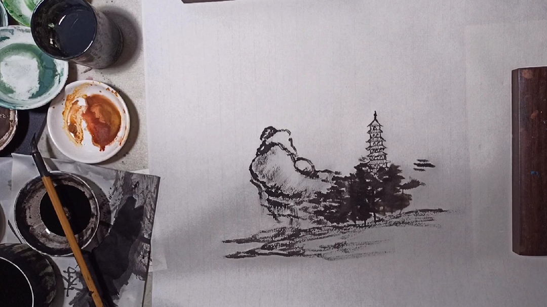 国画山水入门教程第25集:庙宇的画法宝塔墨稿