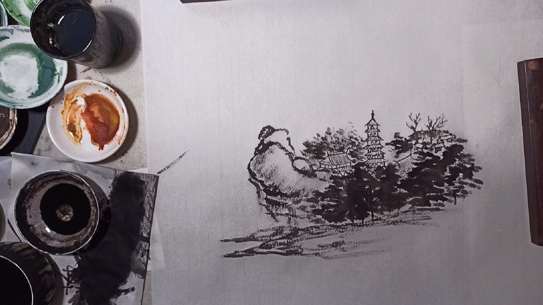 国画山水入门教程第26集:庙宇的画法大殿墨稿