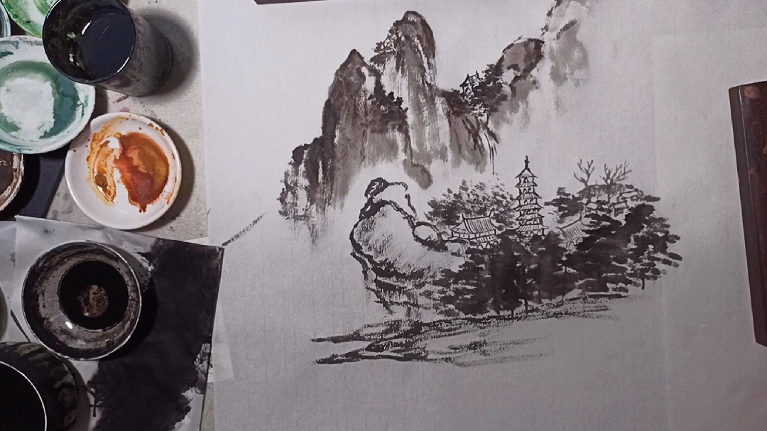 国画山水入门教程第27集:庙宇的画法远山处理