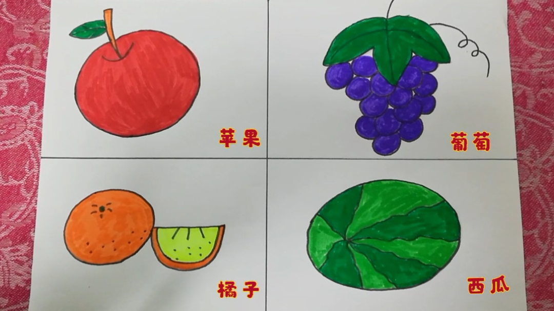 创意儿童画水果篇简笔画卡通动漫宝宝学画画绘画苹果葡萄橘子西瓜