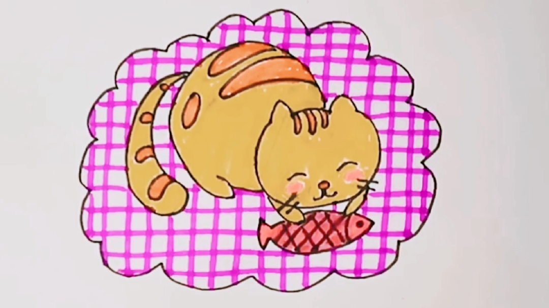 趣味简笔画之猫咪吃鱼