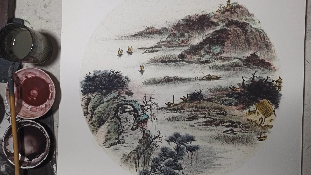 国画山水入门教程第135集:作品石门湖畔,上墨紫色和红色