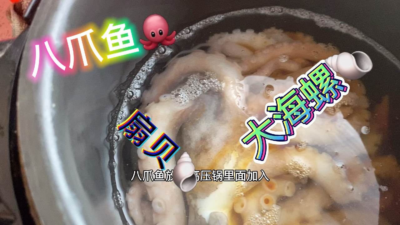 八爪鱼扇贝大海螺煮一锅 元宝大口吃八爪鱼 太过瘾了