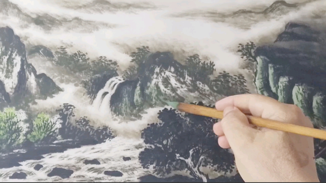 山水画系列:峰顶上的草坪用纯水墨去画更好看