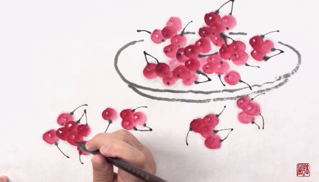 齐白石二代弟子画国画樱桃,看一遍绝对学会,真神奇