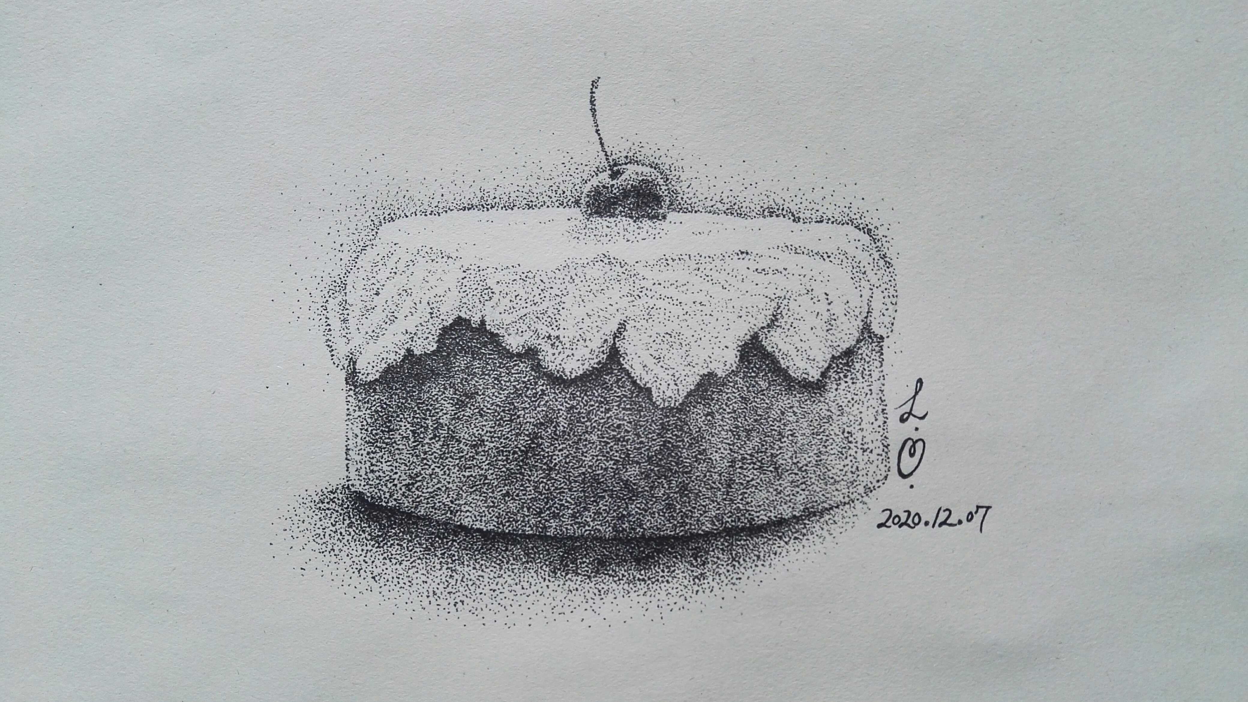 水笔画素描点绘《蛋糕胚子上的奶油和樱桃》.mp4