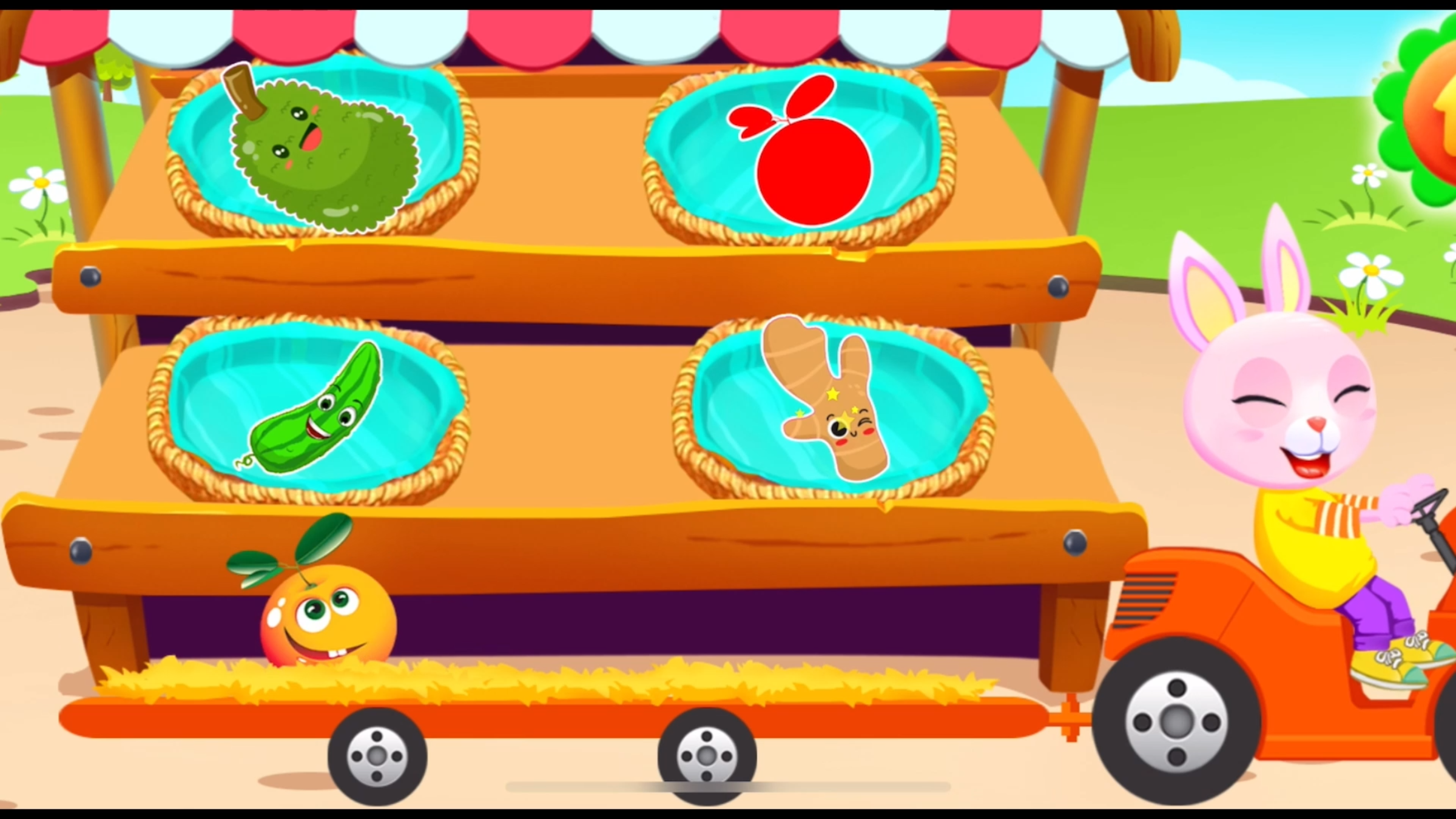 小兔子把蔬菜水果放到篮子里,认识香蕉草莓菠萝西瓜拼图匹配游戏