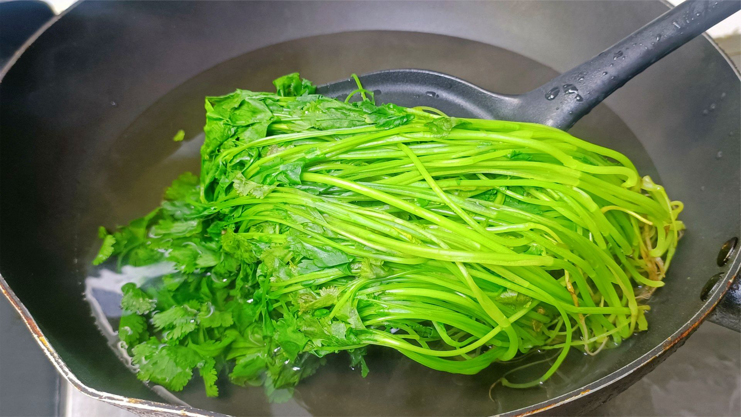 香菜放入滚烫的开水中,出锅就是人间美味,真是高手在民间,解馋