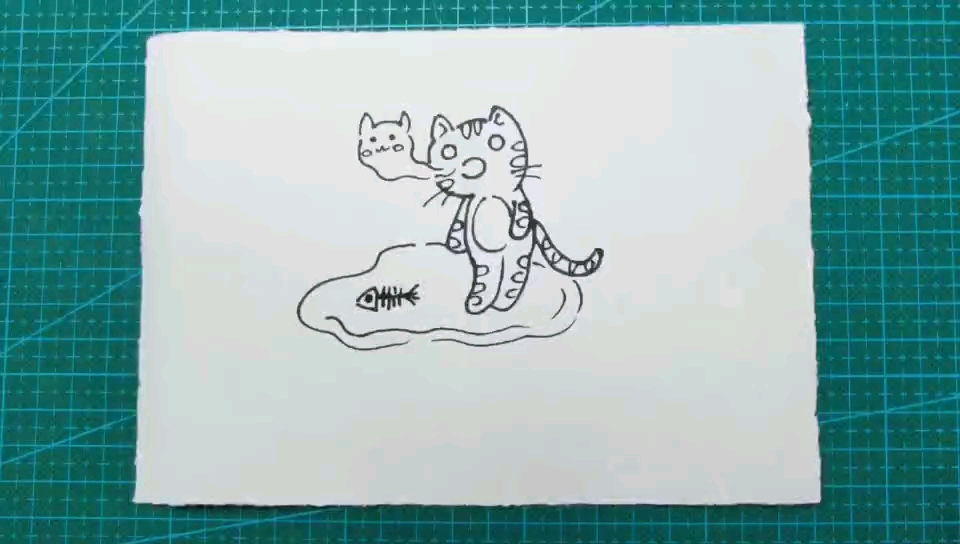 简笔画 吃了一条小鱼还是好饿的小猫咪