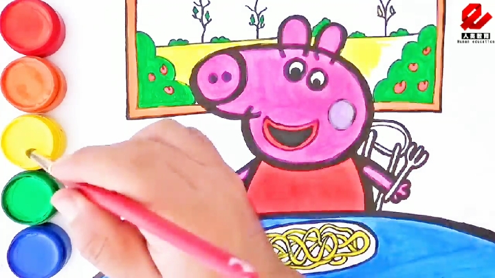 儿童启蒙色彩画,小猪佩奇吃意大利面,简单易学,你学会了吗