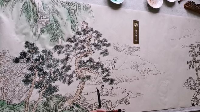 [图]今天画青绿山水溪边品茗图